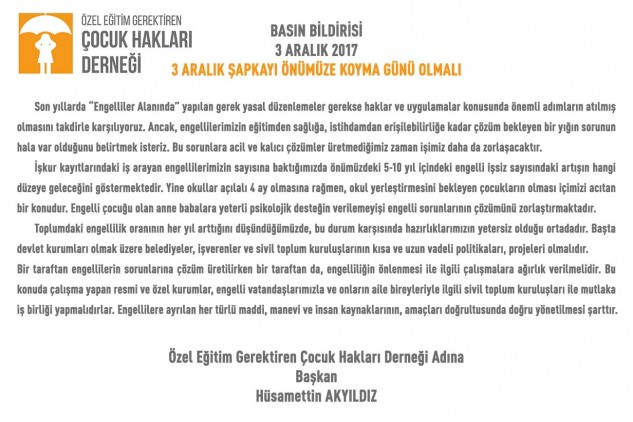 3 Aralık Dünya Engelliler Günü Basın Bildirisi